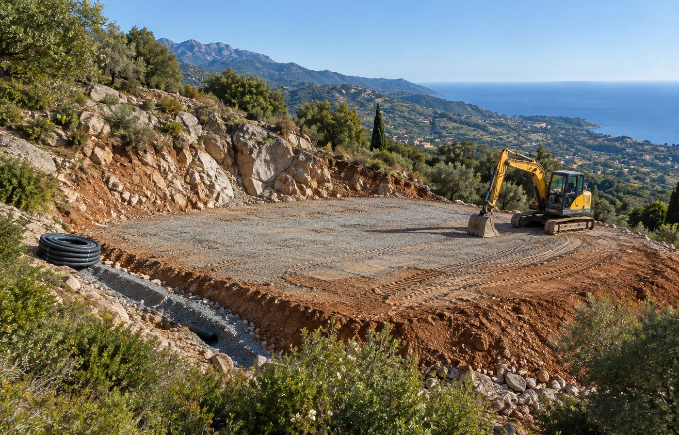 Plateforme terrassée dans un terrain en pente et rocheux, avec sa tranchée de drainage, en Haute-Corse